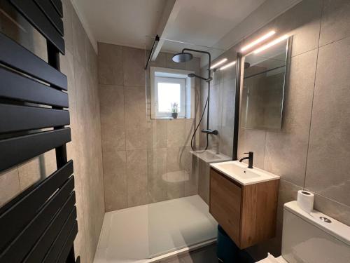 ein Bad mit einer Dusche, einem Waschbecken und einem WC in der Unterkunft Zeegalm Bungalows in Middelkerke