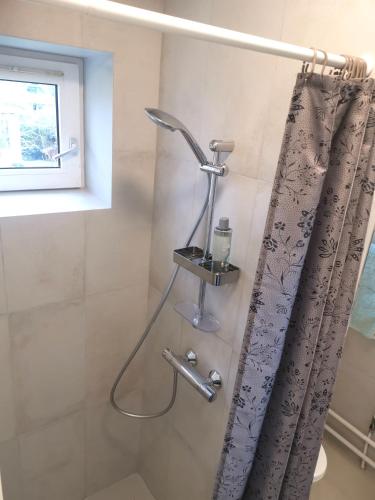 a shower in a bathroom with a shower curtain at Copenhagen, Perfect apt. near the beach. in Copenhagen