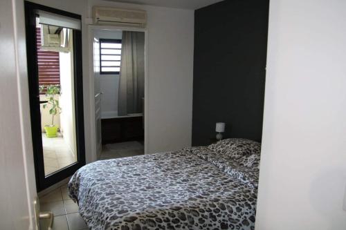 sypialnia z łóżkiem oraz łazienka z oknem w obiekcie Le Petit Nid d'Hélène w mieście Sainte-Clotilde