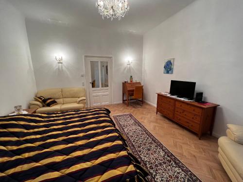 um quarto com uma cama e uma secretária com uma televisão em S&E Apartments Vienna em Viena