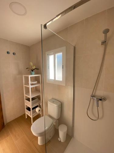 W łazience znajduje się toaleta i przeszklony prysznic. w obiekcie Apartamento ANY w mieście Benaoján