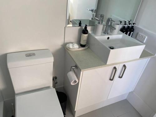ein weißes Badezimmer mit einem Waschbecken und einem Spiegel in der Unterkunft Smart Modern Close City/Airport WIFI/Park/Netflix in Perth