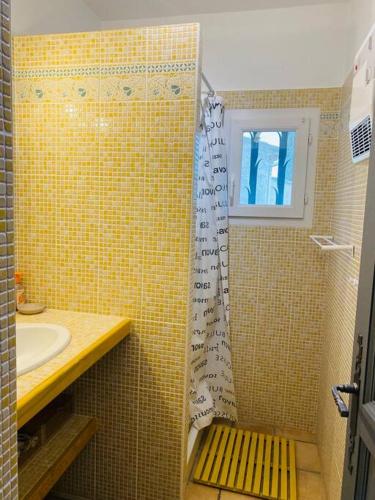 une salle de bain avec un lavabo et une douche avec une fenêtre dans l'établissement La Pitchoune : Gîte aux pieds des Alpilles, à Mouriès