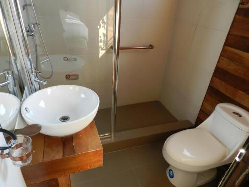 a bathroom with a sink and a toilet and a shower at Aroma Verde Hotel in Valdivia