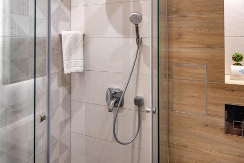 a shower in a bathroom with a glass door at City Park Inn Apartment Verona in Plovdiv