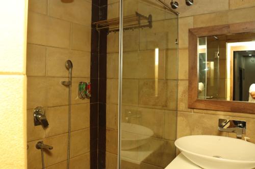 a bathroom with a shower and a sink and a mirror at The Stoneberry Resort in Madhupur