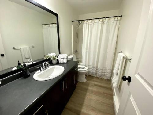 a bathroom with a sink and a toilet and a mirror at Cozy Lakeview Suite in Victoria