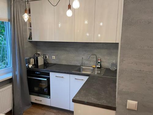 uma cozinha com armários brancos e um lavatório em Modern Apartment suitable for longstays em Riga