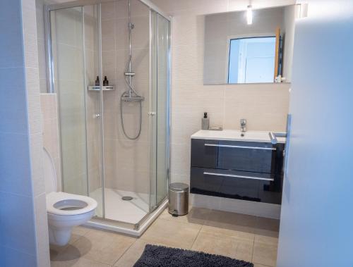 ein Bad mit einer Dusche, einem WC und einem Waschbecken in der Unterkunft Le Monplaisir - T2 Cosy - Proche du métro in Lyon