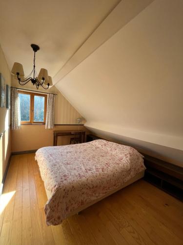 a bedroom with a bed in a attic at Moulin D’Huile in Chaumard