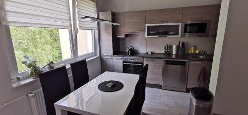 a small kitchen with a white table and chairs at Příkopní in Cheb