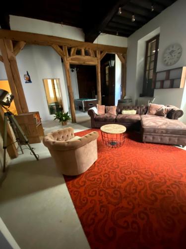 - un salon avec des canapés et un tapis rouge dans l'établissement Gîte Les Domaines, à Avallon