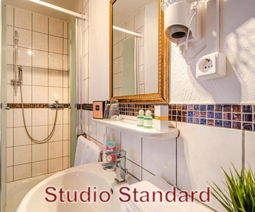 een badkamer met een wastafel en een spiegel bij MoselUnion - Aparthotel Landsknecht in Cochem