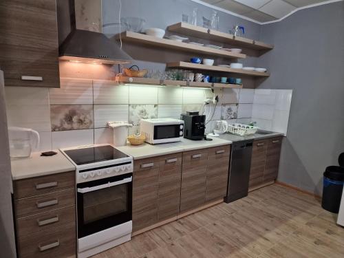 Il comprend une cuisine équipée d'une cuisinière et d'un four micro-ondes. dans l'établissement Veľký apartman, à Karlova Ves