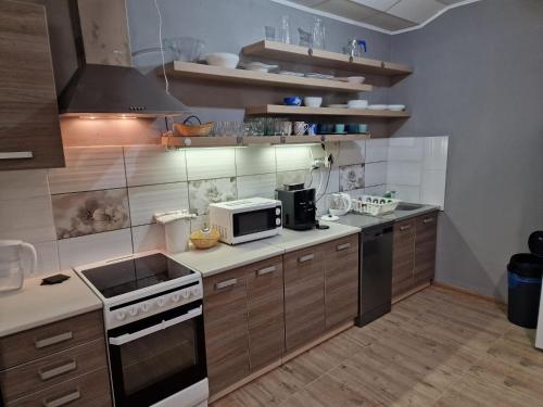 a kitchen with a stove and a microwave at Veľký apartman in Karlova Ves