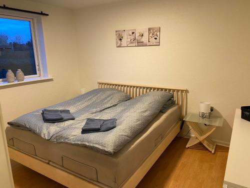 een slaapkamer met een bed met 2 kussens erop bij Fiskerhuset langø in Nakskov