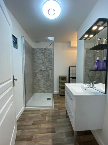 uma casa de banho com um chuveiro, um lavatório branco e um chuveiro em L'Etape Zen em Tulle
