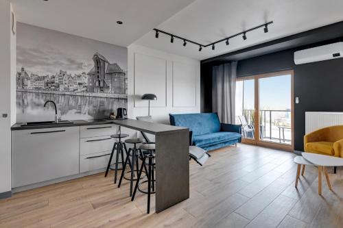 格但斯克的住宿－Gdańsk Marina Nadmotlawie，厨房以及带蓝色沙发的客厅。