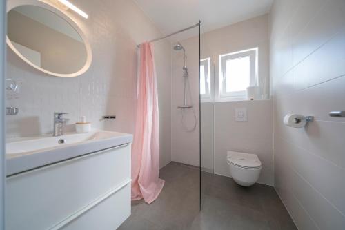 a bathroom with a sink and a toilet and a mirror at Villa Dreams in Briševo