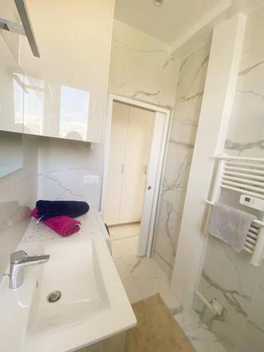 een witte badkamer met een wastafel en een douche bij Appartement 2P Idéalement Placé Juan les Pins in Juan-les-Pins
