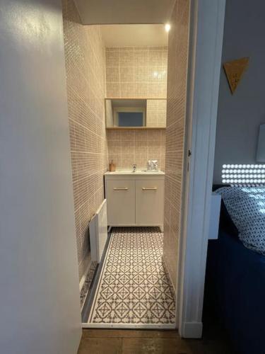 une petite salle de bain avec un lavabo et des toilettes dans l'établissement Superbe T2 à 200m de la Place ducale, à Charleville-Mézières