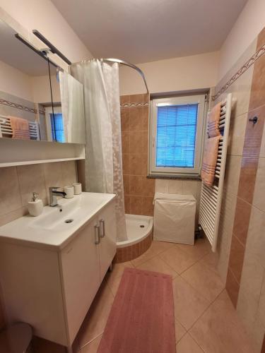 y baño con lavabo, aseo y ducha. en Apartma Melita, en Kobarid