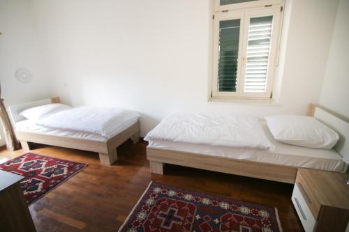two beds in a room with a window and a rug at Hotel Vila Katrca in Ljubljana