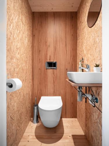 a bathroom with a toilet and a sink at Domki Sosnowa Przystań w Rozewiu Jastrzębia Góra - Jacuzzi Forest in Jastrzębia Góra