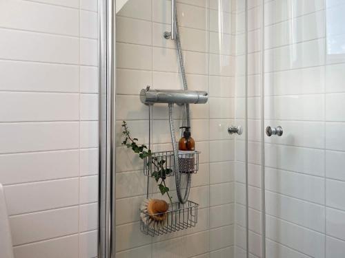 a bathroom with a shower with a bottle and a plant at Holiday home MARSTRAND III in Marstrand