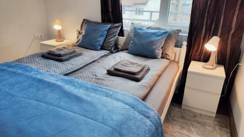 a bedroom with two beds with blue sheets and pillows at Cozy Spot by the Lions' Bridge in Sofia
