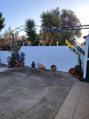 a white wall with plants and vases on the ground at My House - Casa Charme in Monchique