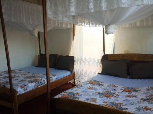 two bunk beds in a room with a window at VILLA 3 DAUPHINS A 80 M DE LA PLAGE in Mahajanga