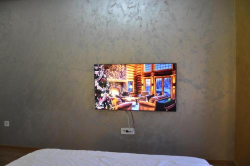 einen Flachbild-TV, der an einer Wand hängt in der Unterkunft Mali Princ Pupin Palace in Novi Sad