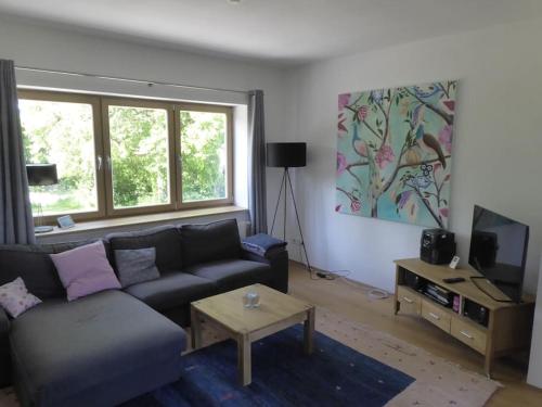 a living room with a couch and a tv at Erholung auf dem Land zwischen Ostsee und Schlei in Stoltebüll