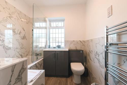a bathroom with a toilet and a sink and a shower at Onyx - 3 Bedroom House in Southampton