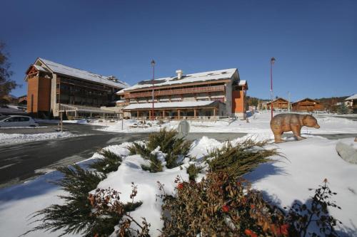 a large brown bear standing in the snow in front of a building at La Pradella Bolquere T3 PYRENEES 2000 in Bolquere Pyrenees 2000