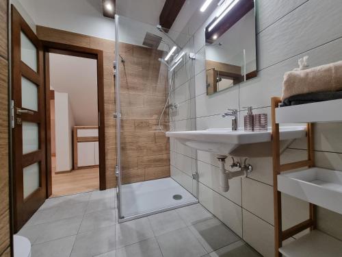 a bathroom with a shower and a sink at Apartmán U Bašty in Vimperk