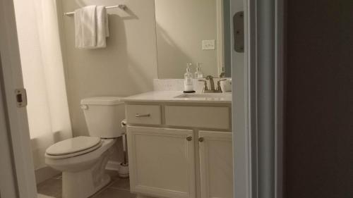 La salle de bains blanche est pourvue de toilettes et d'un lavabo. dans l'établissement Bayou Baby's Bed and Breakfast, 
