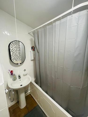 ein weißes Bad mit einem Waschbecken und einer Dusche in der Unterkunft Shou’s guest house in Newport