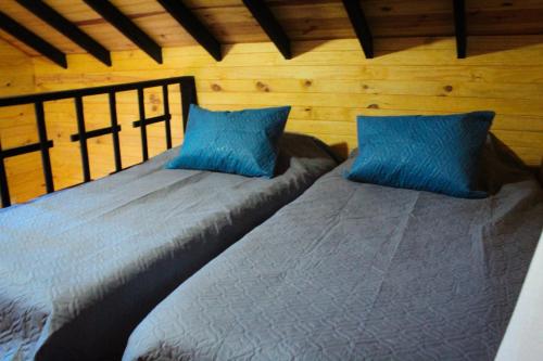 two beds in a room with blue pillows at Vital Ecohotel Cabañas in Guarne