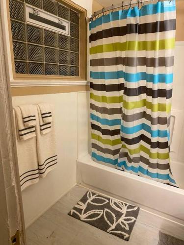 y baño con cortina de ducha y alfombra. en Cozy home 5 beds private yard, en Cincinnati