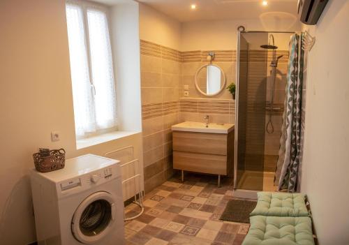 uma casa de banho com uma máquina de lavar roupa e um chuveiro em Le colibri em Cazaubon