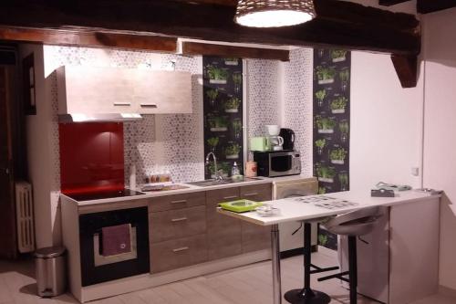 - une cuisine avec un comptoir et une cuisinière four supérieur dans l'établissement La tourelle de la chaumière, à Goupillières