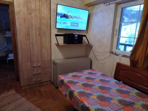 a bedroom with a bed and a tv on the wall at Ljubica in Brzeće