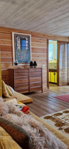 een kamer met een houten muur en een raam bij Chalet Yvonne in Borca di Cadore