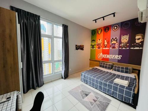 a bedroom with a bed and a poster on the wall at Mesahill Avengers 2 Rooms @Nilai near KLIA by The Renters Homestay in Nilai
