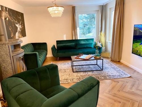 a living room with green furniture and a fireplace at Traumhaus Wernigerode mit Sauna und Kamin in Wernigerode
