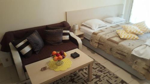 ein Schlafzimmer mit einem Bett, einem Sofa und einem Tisch in der Unterkunft Harmony Hills Family Apartments in Rogachevo