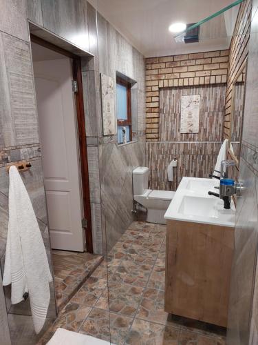 uma casa de banho com um lavatório, um WC e um chuveiro em Twins Guest House Astoni em Vanderbijlpark