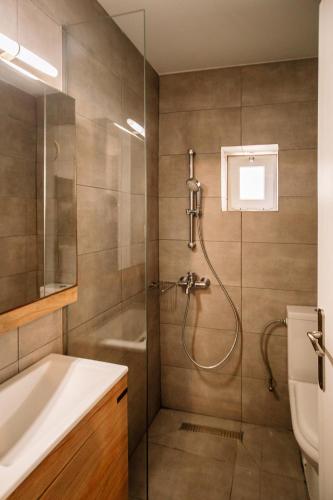 a bathroom with a shower and a sink at Miriam's Apartment 2 in Zakynthos